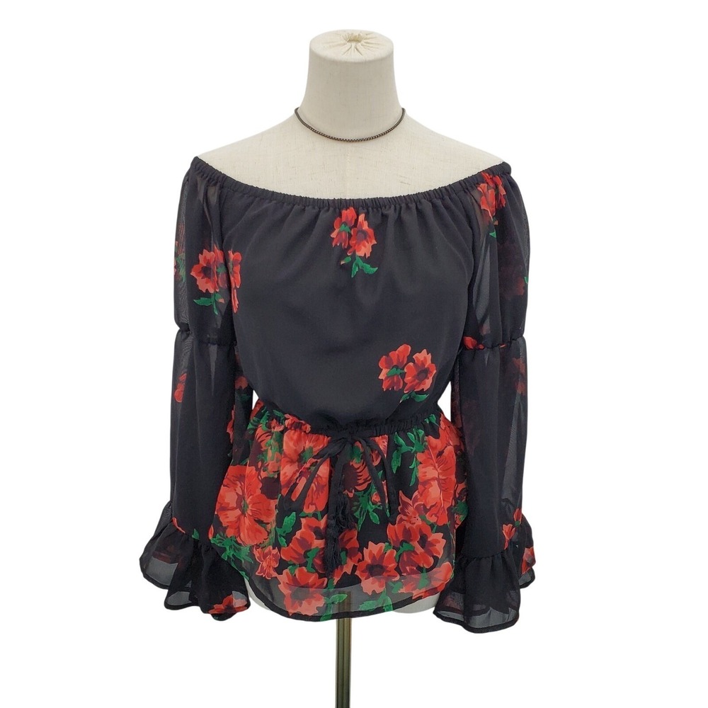 Womens S Black Floral‎ Off Shoulder Blouse Bell Sleeve Ruffle Hem Boho Romantic